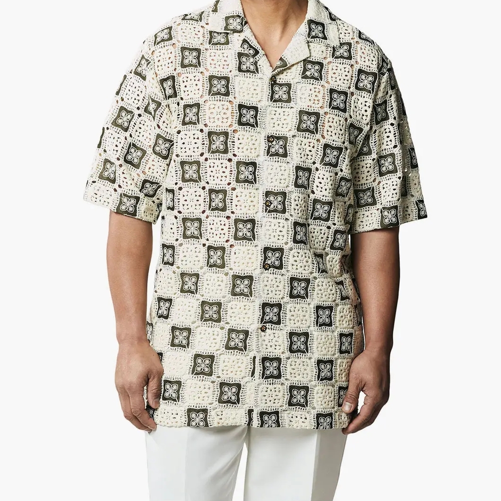 Stacy Adams Men's Olive Geometric Floral Lattice Crochet Woven Shirt Size L